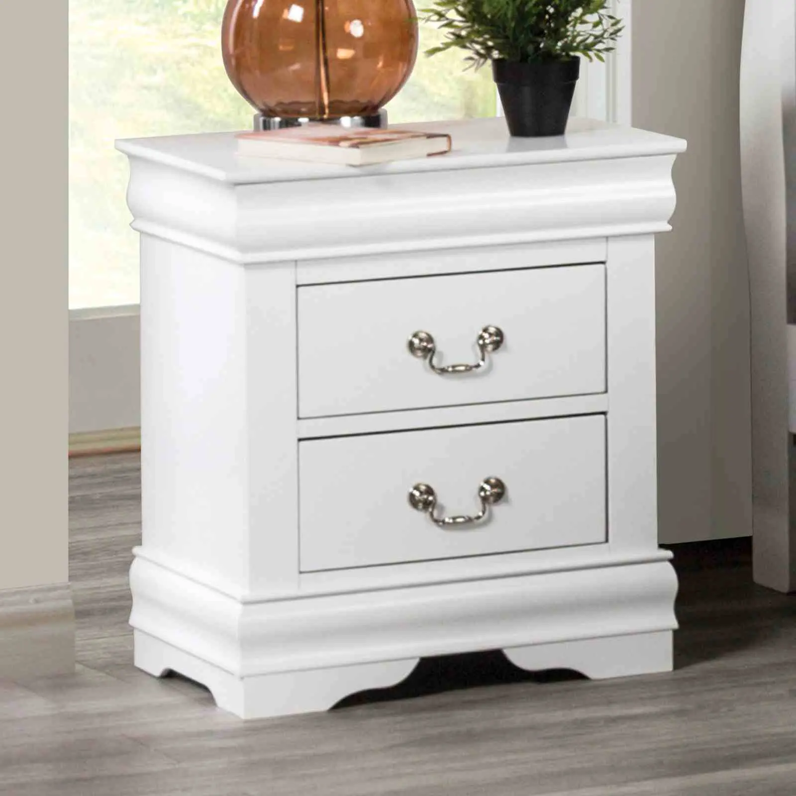 ARCH White Nightstand with 2 Drawers Solid Wood Bedside Table for Bedroom, Transitional Style Bracket Legs Hanging Handles Dovetail Drawers, Compact End Table Storage Cabinet, 1-Pack, White Color Options, Solid Wood/Wood Material, Product Dimensions