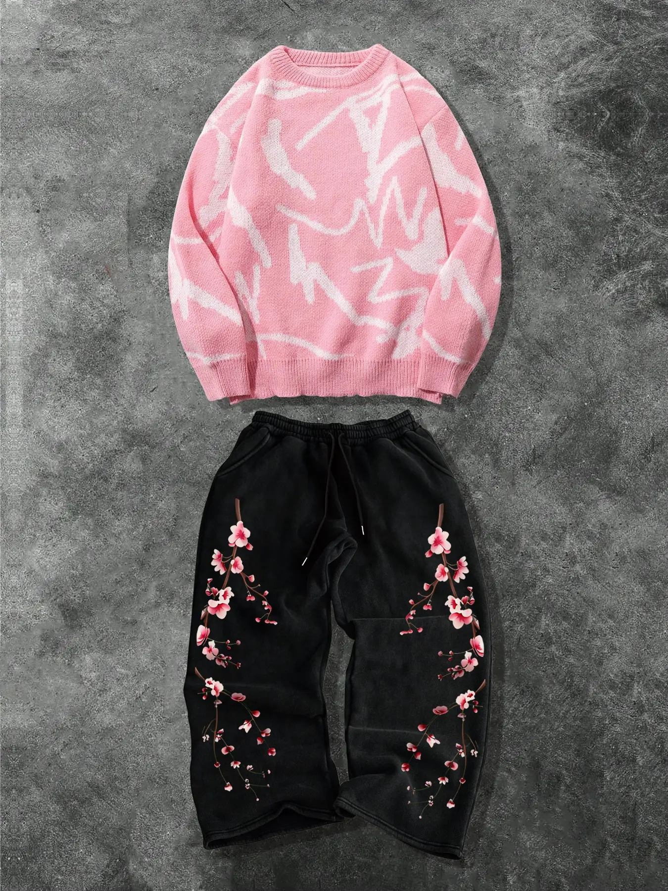 Men's Two-Piece Casual Set, Soft Comfortable Crewneck Sweater and Drawstring Wide Leg Pants, Spring & Fall Fashion, Floral & Graphic Print Design