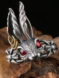 Vintage Silver Color Alice Rabbit Open Ring, Large Ears Eye Bunny Ring, Adjustable Unisex Fashion Jewelry, Modest Style