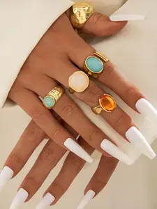 Boho Vintage Elegant Floral Asymmetric Faux Pearl Texture Waterdrop Wave Multi-Layer Cross Hollow Heart Smooth Women's Ring Set Fashionable Trendy Jewelry Set