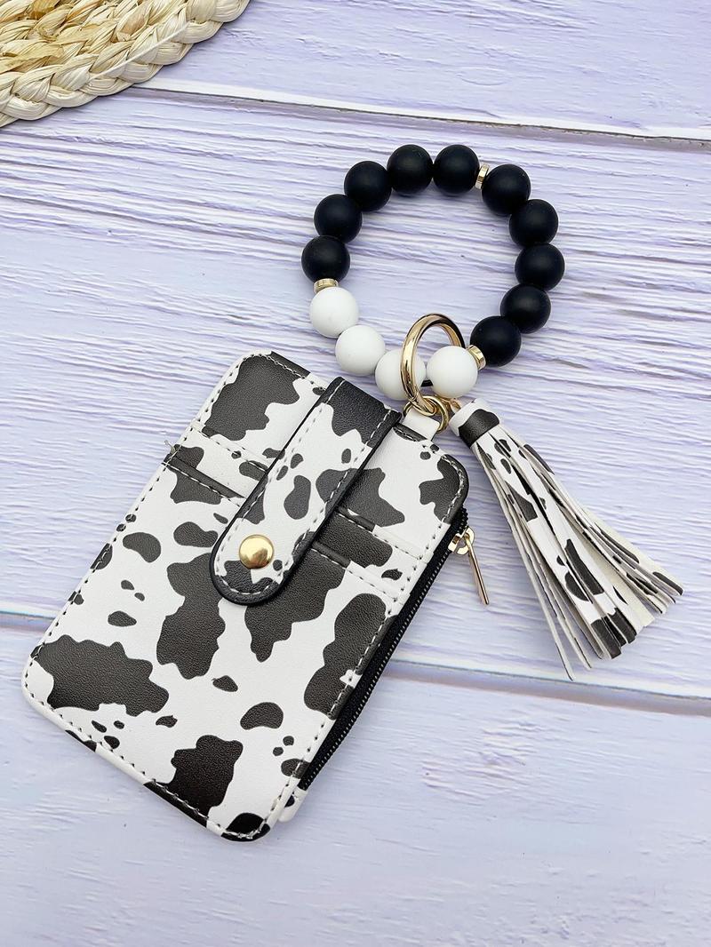 Fashion Leopard & Floral Pattern Beaded Wristlet Keychain, Boho Style Tassel Decorated Wallet Keychain for Women & Girls, Casual Trendy Accessories for Daily Use, Keychain Wristlet Strap