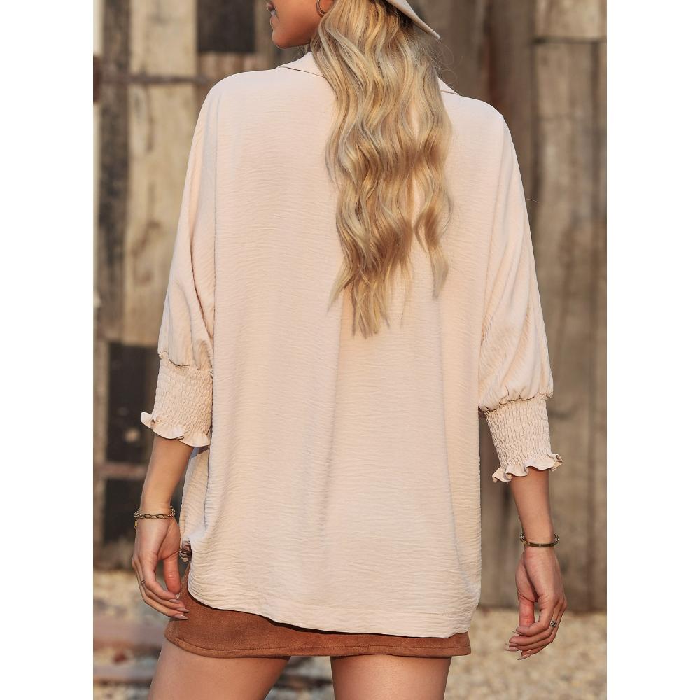 Women's V-Neck 3/4 Sleeve Oversized Tunic Tops Casual Summer Blouses Fitted Shirts 100% Polyester Comfortable Fabric
