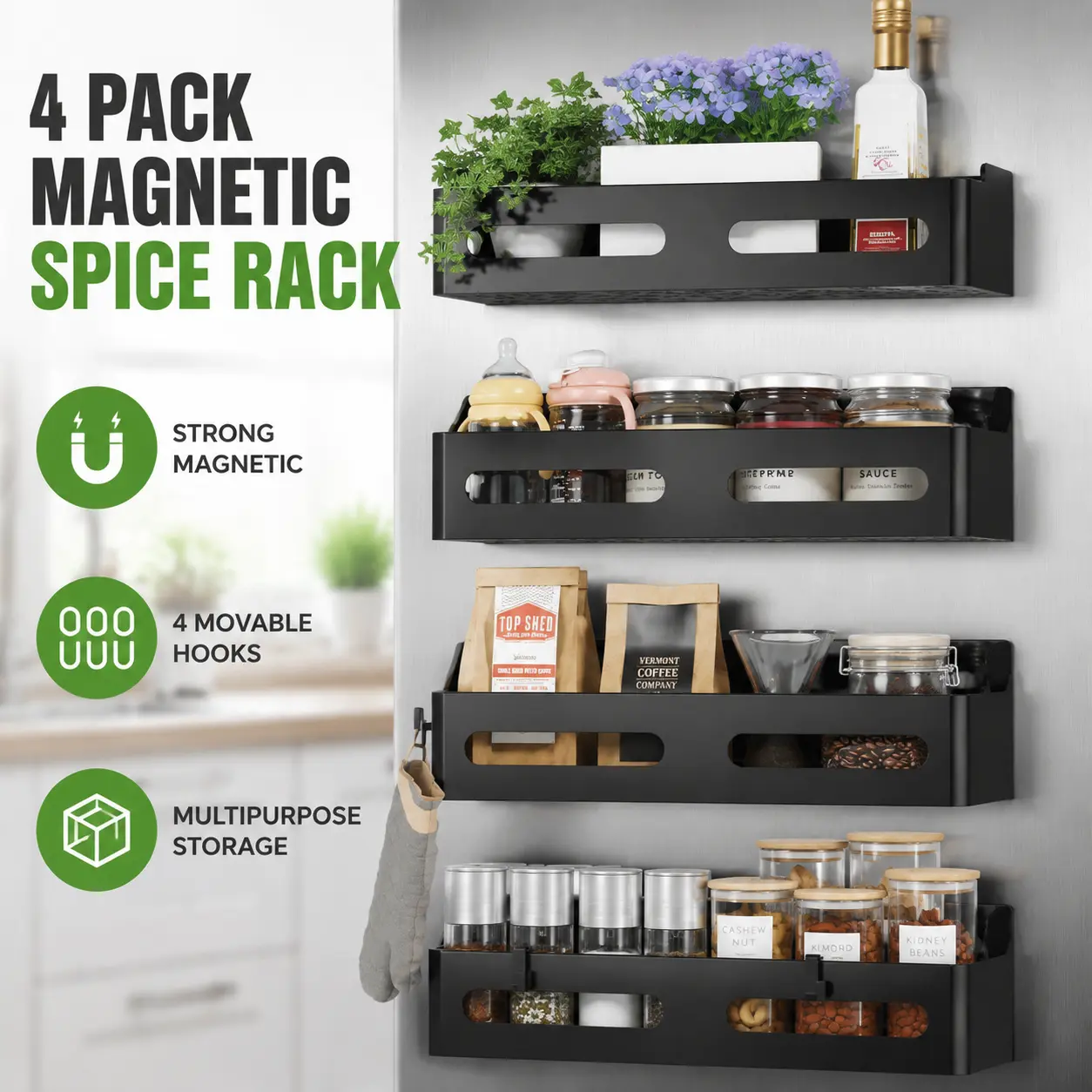 4-Pack Strong Magnetic Spice Rack with Magnetic Hold - Black Refrigerator Shelves with 4 Hooks, Multipurpose Kitchen Spice Storage, Bathroom Storage Organiser, Bathroom Storage Organizer