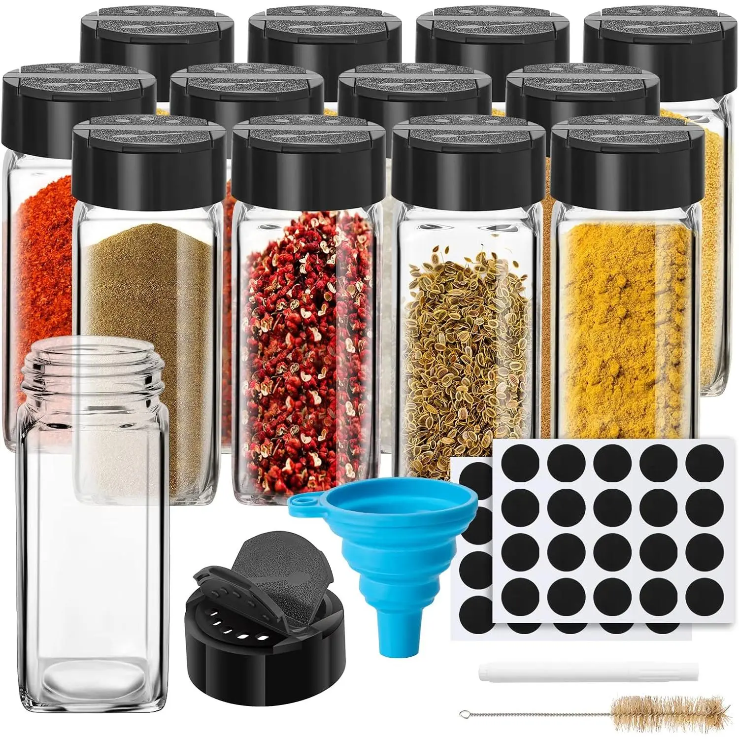 12 Pack Glass  Jars with Labels, 4oz Spices Containers  Jars with Black Shaker , Empty Containers for ,  Funnel and Pen Included
