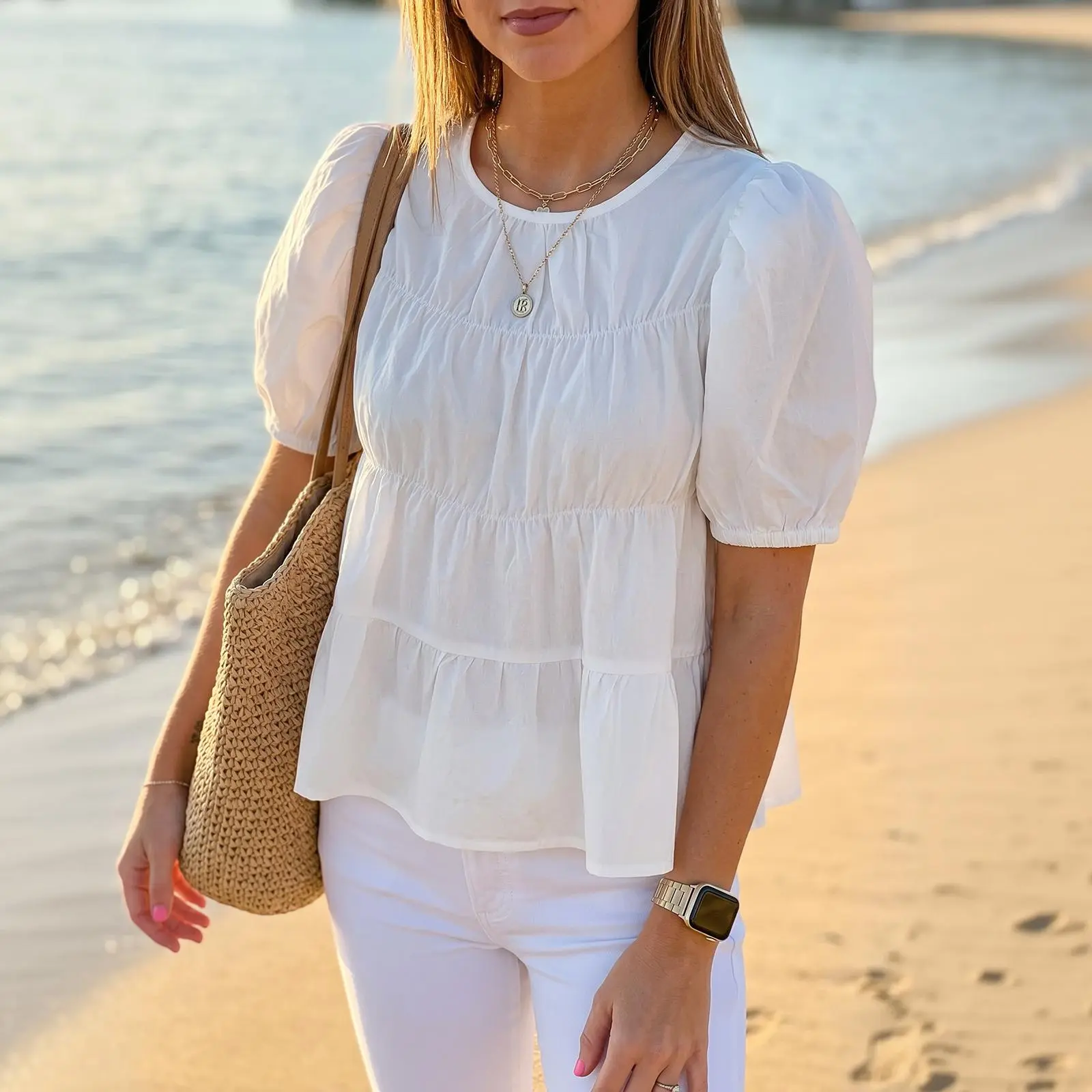 TANKANEO Lady's XS-5L Puff Sleeve Peplum Babydoll Blouse - Seamless Smoked Pleated Cotton Fabric Top, Breathable Casual Loose Flowy T-Shirt for Summer Beach, Evening Skirt Pairing