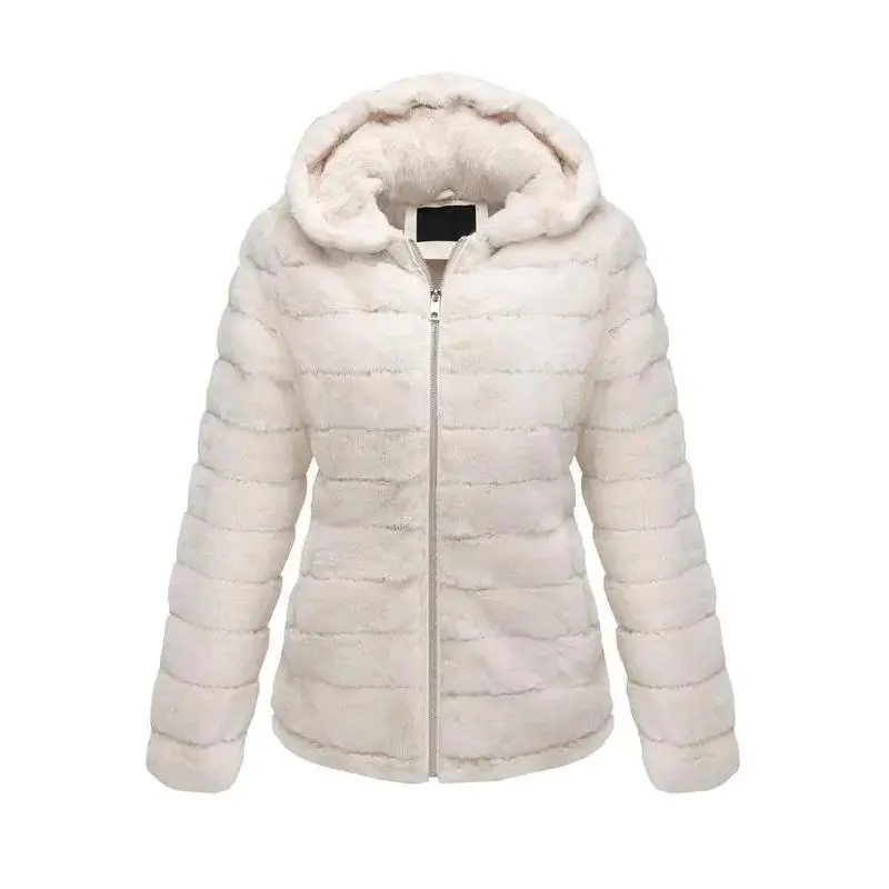 Women Faux Fur Coat Fleece Fuzzy Hood Fluffy Shaggy Shearling Sherpa-Lined Jacket 1801 Beige L shamar  fur  coat Can be used with raincoat