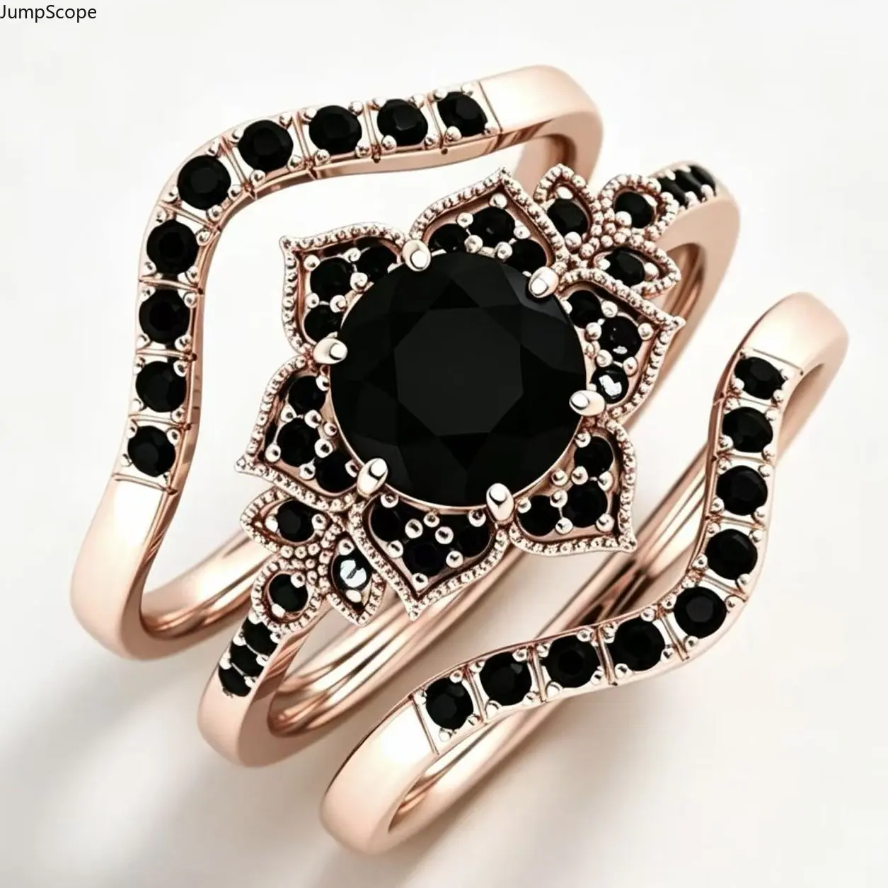 Rose Gold Plated 3Pcs Lotus Black CZ Floral Bridal Ring Set For Women, Intertwined S-Curve Wavy Full Pave Stackable Gothic Vintage Engagement Wedding Matching Band For Dark Theme Proposal Wedding Anniversary Formal Wear