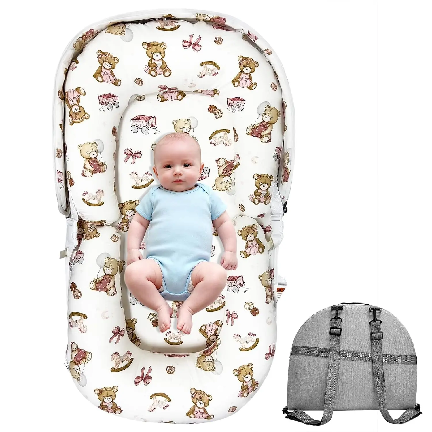 Baby Lounger, Foldable Portable Waterproof Baby Nest Cover, 0-24 Months Newborn Tummy Time Training & Seating Support Pillow, Dual-Use Breathable Infant Lounger Backpack for Home & Travel (Pink Bear)