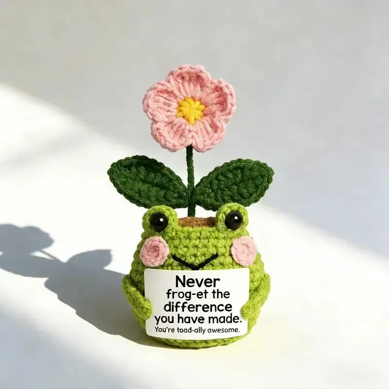 Handmade Crochet Frog Planter with Flower, Handmade Crochet Figurine, Cute Frog Decor, Encouraging Gift, "Never Frog-et" Positive Quote Decor, Spring and Summer Decoration, Emotional Support Gift for Friends, Moms, and Daughters