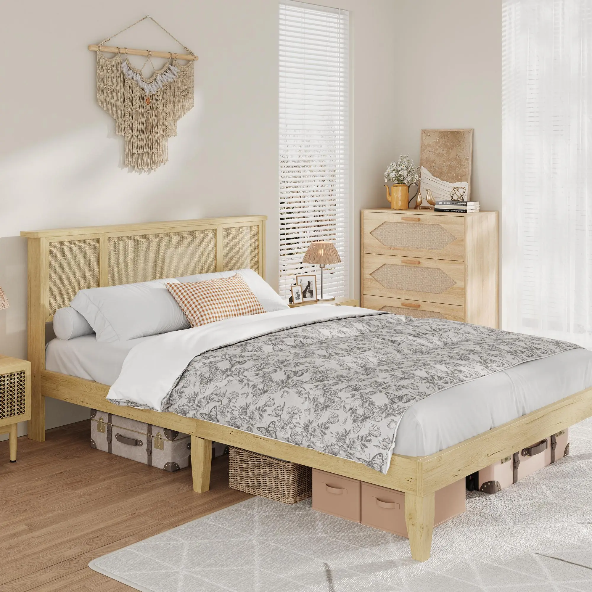 Boho Platform Bed Frame with Handwoven Rattan Headboard - Neutral Durable Boho Bedroom Furniture, 4 Drawers - Full/Queen/King Mattress Foundation, No Box Spring Needed, Noise-Free, Assembly Required, Space-Saving Centerpiece
