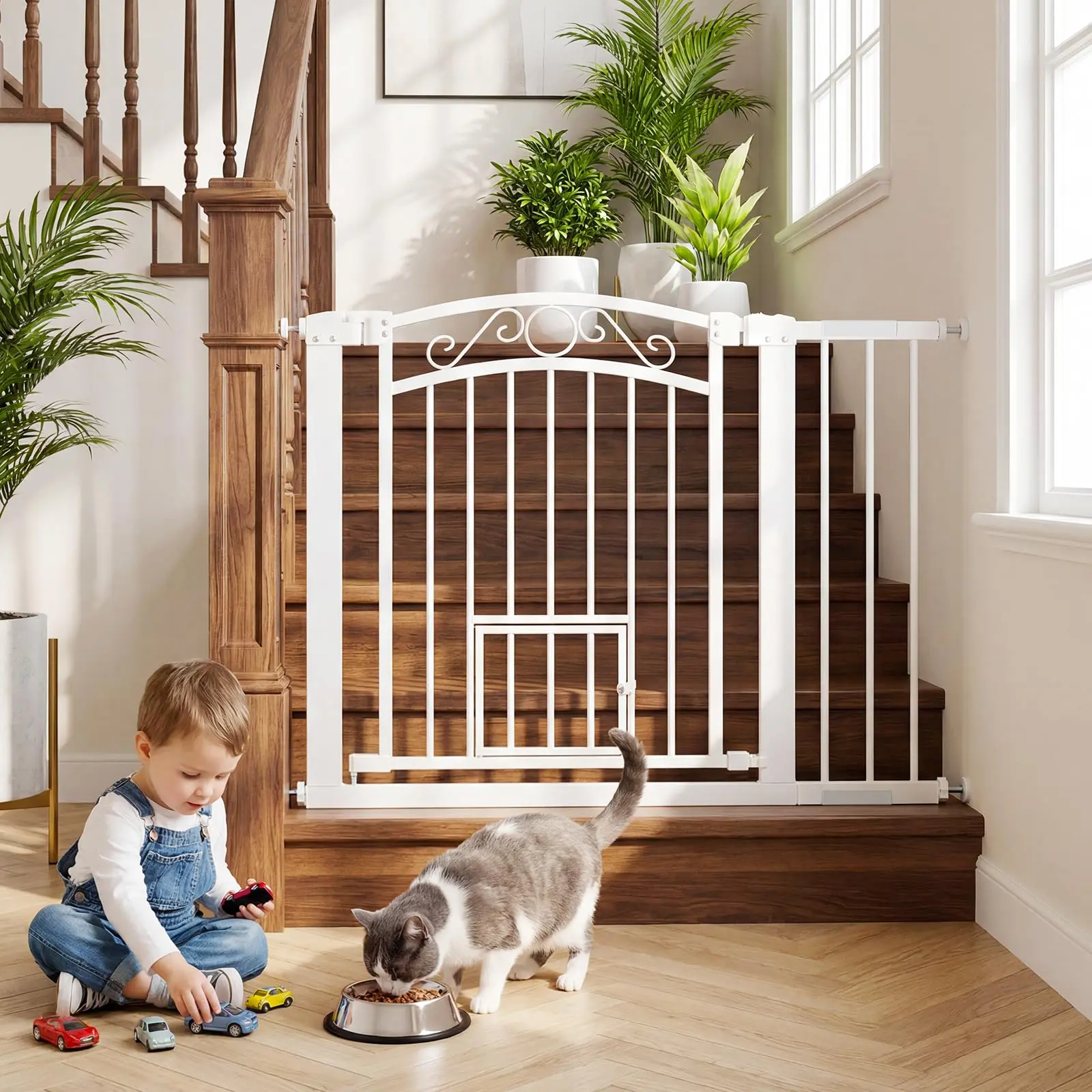 Upgrade Pet & Baby Safety Gate with Cat Flap – 30-41 Inch Adjustable, Pressure Mounted, Auto-Close, Double Lock, Drill-Free Metal Barrier for Stairs & Doorways