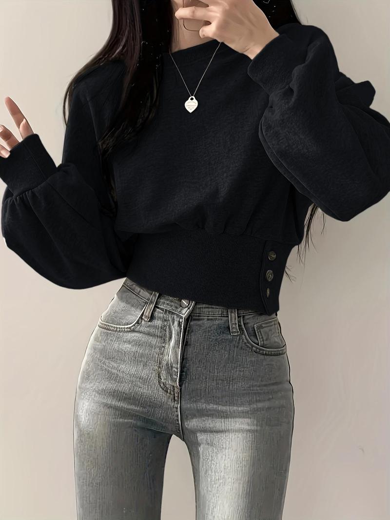 Women's Plain Button Decor Pullover Sweater, Y2K Casual Long Sleeve Crew Neck Jumper for Spring & Fall, Fashion Women's Knitwear for Daily Wear
