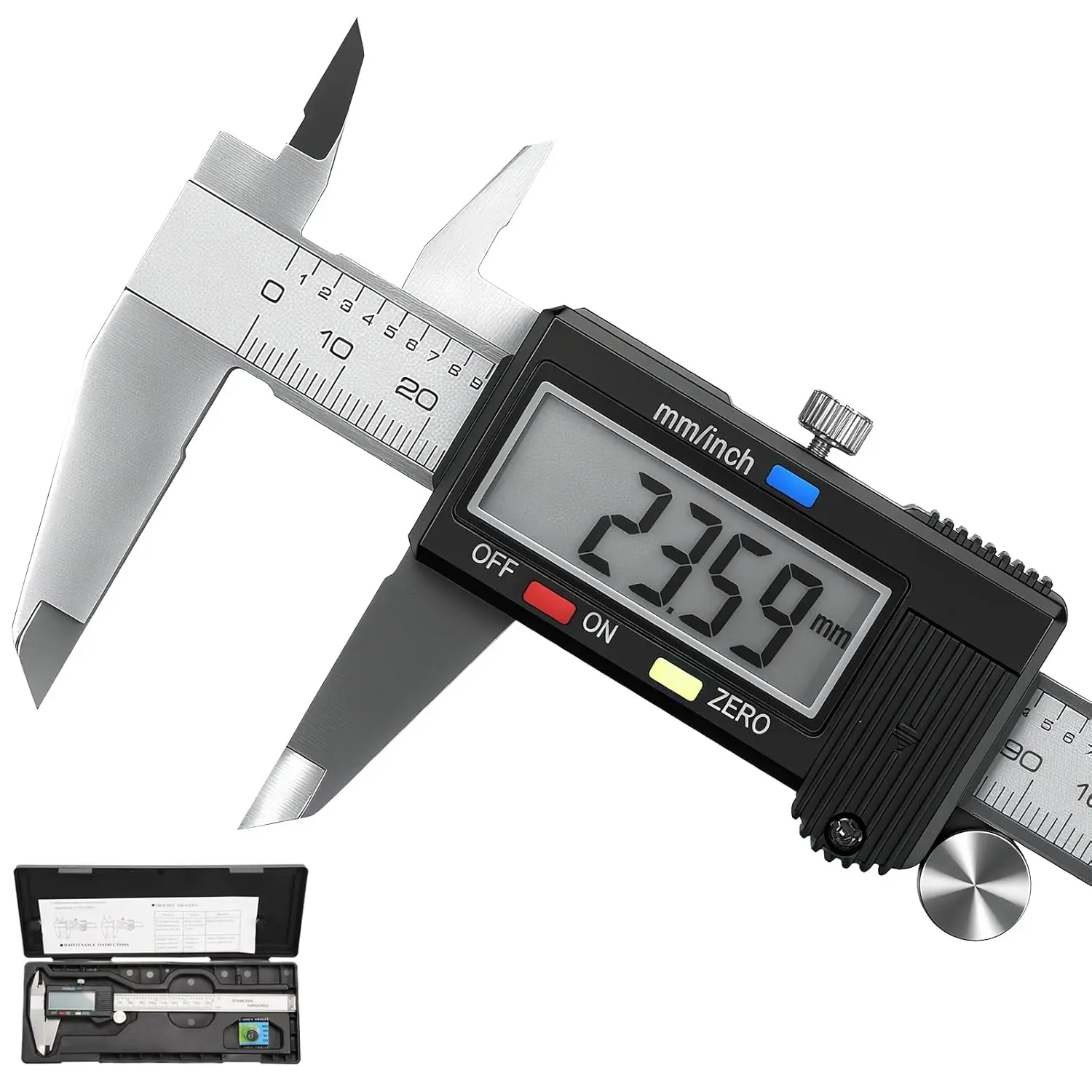 Caliper Measuring Tool, Vernier Digital Caliper Stainless Steel 6 Inch/150mm, Digital Micrometer Waterproof, Easy Switch from Inch to Millimeter, Large LCD Screen