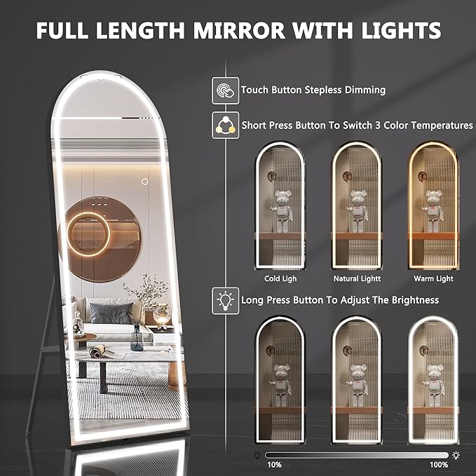 71" x 26" Led Mirror Full Length,Full Length Mirror with Lights Arch Design, 16"x 59"Tempered Glass,Shatter-Proof, Dimming & 3 Color Modes for Bedroom Cloakroom-UL 64" x21" Right Angle Mirror Full Length, Full Length Mirror with Lights Arch Design