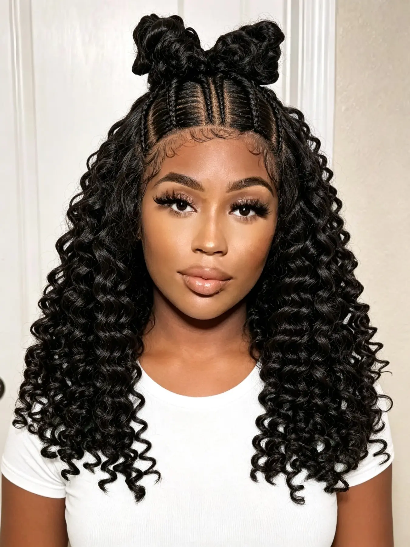 16 Inch 13x6 Lace Front Wig, Handmade Double Space Buns, Vertical Knotless Braids, Deep Wave Ends, Pre-Plucked Baby Hair, Adjustable Cap