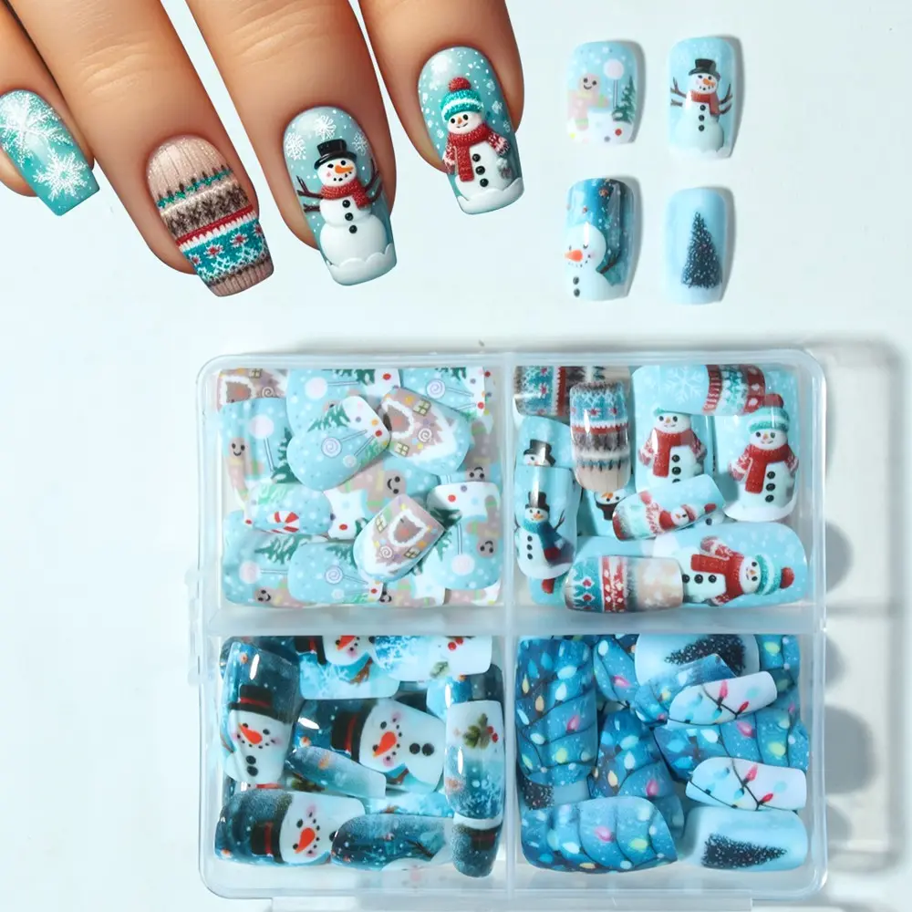 96pcs Christmas Nail Stickers, Short Square Press-On Nails, Snowman & Cookie Designs, Winter Manicure Essentials, Perfect for Parties