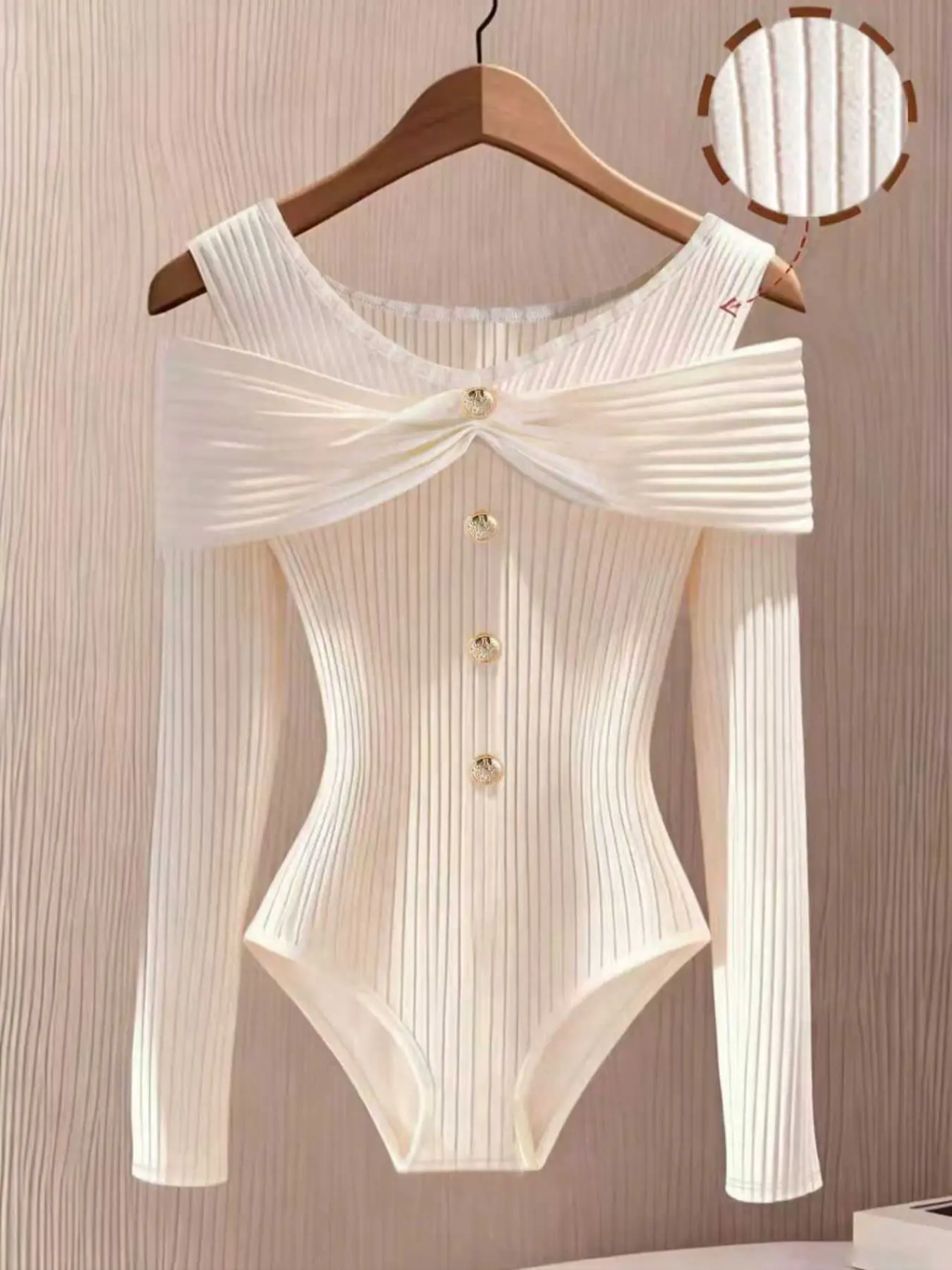 Sexy Chic One-Shoulder Knot Long Sleeve Ribbed Knit Top, Metal Button Slim Fit Bodysuit, Shoulder Reveal Design, Slimming Waist Innerwear