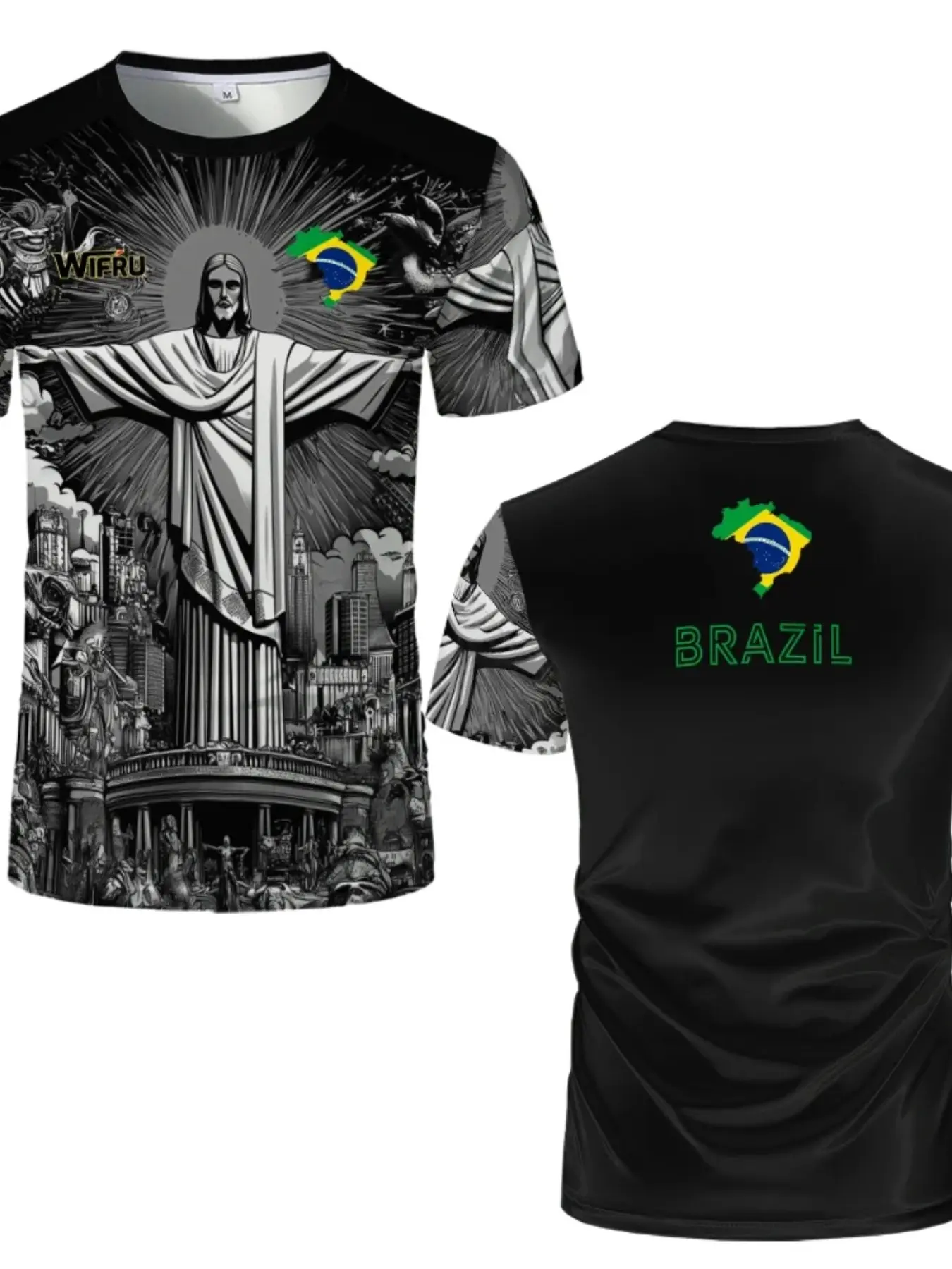 Brazil Rio Christ Redeemer 3D Print Short Sleeve T-Shirt, Brazil Flag Map, Quick-Dry, Loose Fit, Casual Sports Top, South America Travel Gift