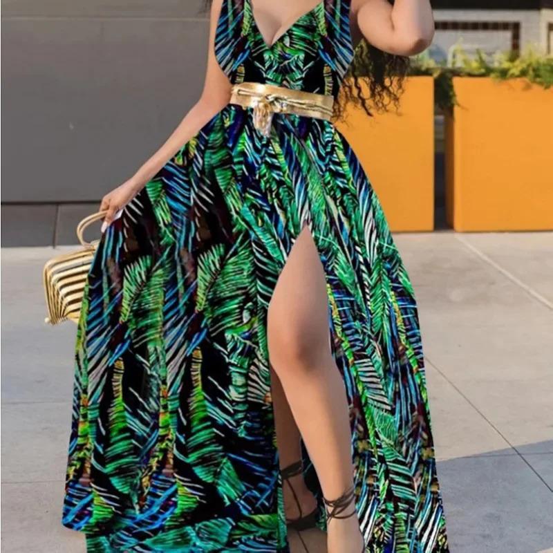 Summer Dress Printed Waist-Controlled Mid Waist Temperament Long Dress Sexy Slit Large Swing Dress with Belt Casual Fit Asymmetrical Womenswear Sleeveless Comfort Elegance Feminine Floral Twist Vneck Formal White