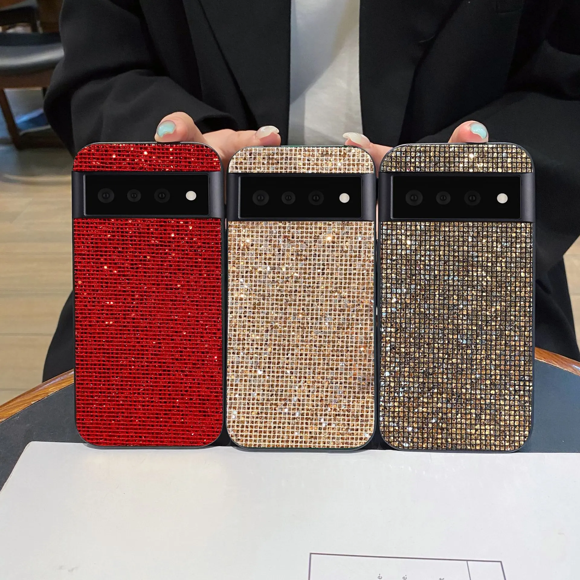 Compatible with Pixel 10 Pro XL, 9, 8, 7, 6, Solid Color Grid Pattern Shockproof Phone Case with Glitter & Rhinestone Ornaments HNZ0409
