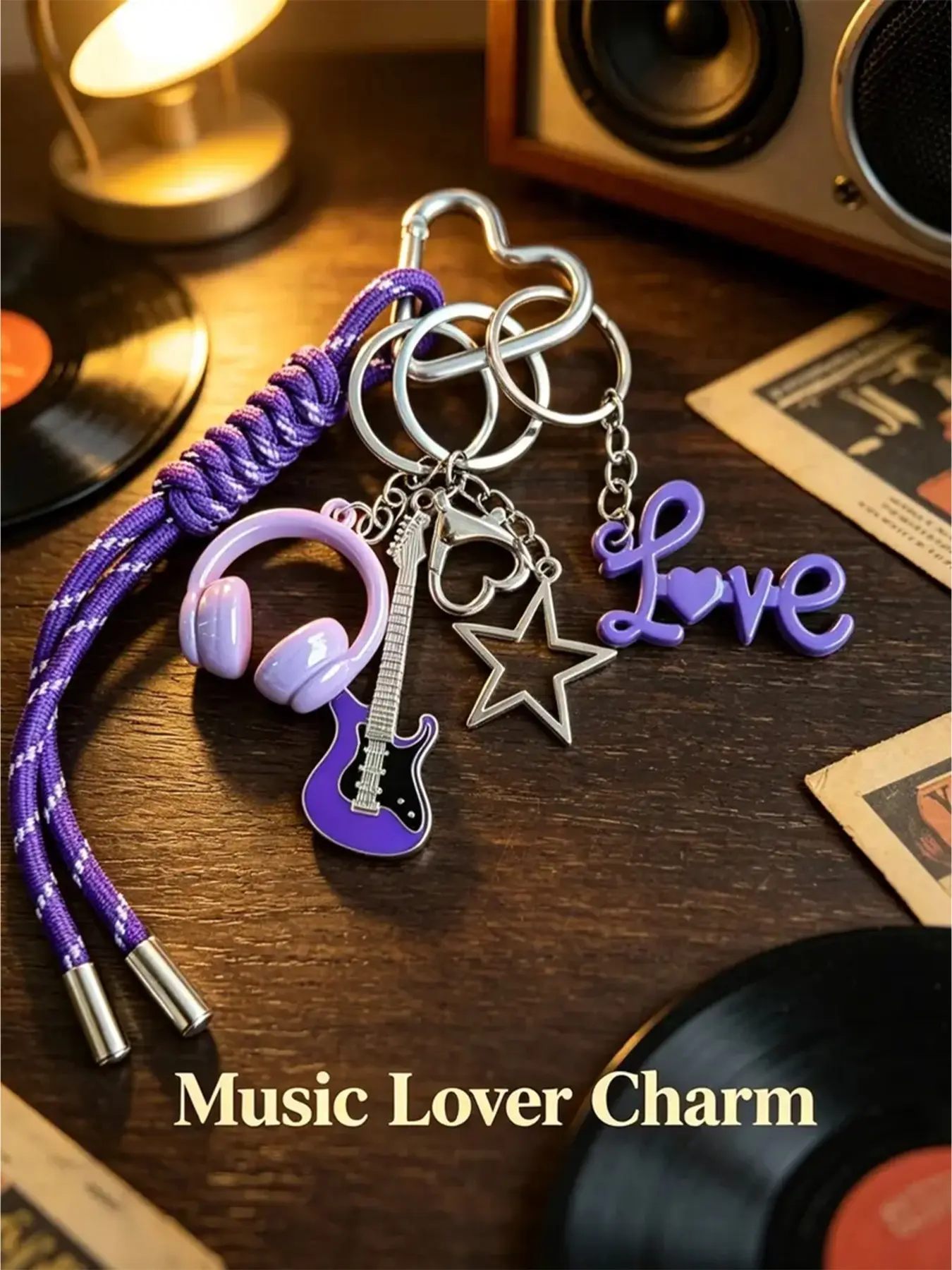 Y2K Punk Rock Music Lover Keychain, Braided Stripe Paracord Wrist Lanyard With Heart Shape Carabiner, Electric Guitar Headphone Hollow Star Love Letter Enamel Charms Bag Charm For Teen Boys Girls Concert Streetwear Backpack Decor