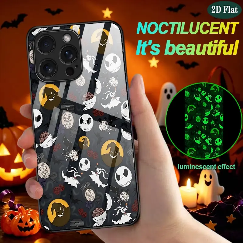 2D Flat Halloween Skeleton Pattern Luminous Glass Phone Case Naturally Emitting Green Light Shockproof Protective Case for iPhone 17 Pro Max/16 Pro Max/15/14/16 /13/Plus/12/Mini/11/XR/XS/SE 2020/8/7 Anti-Drop Case