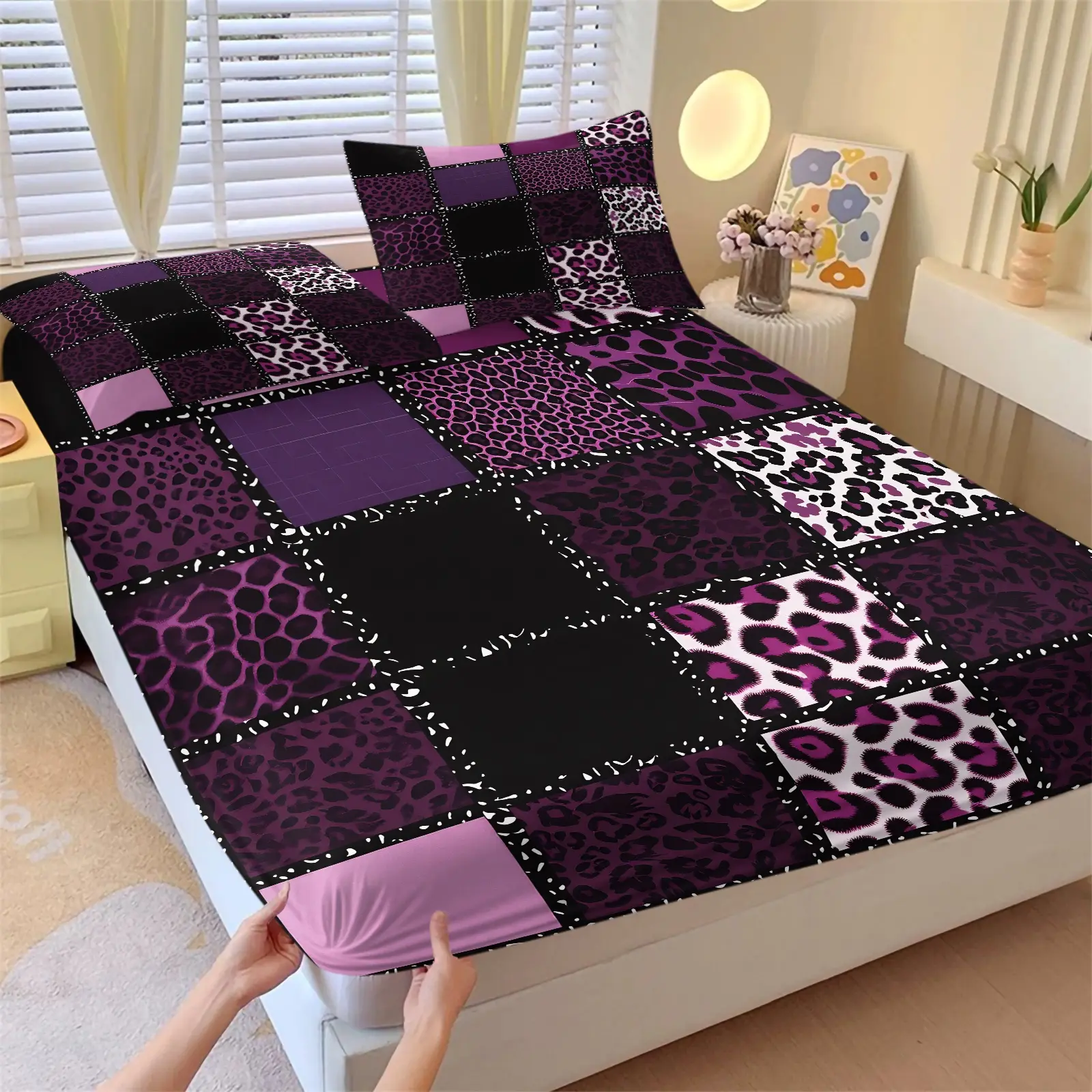Purple Leopard Patchwork Grid Fitted Sheet Set, Includes 2 Pillowcases, Y2K Cheetah Grid Bedding All Size, Soft Breathable Anti-Fade Fabric, Edgy Glam Fashion Decor & Gift For Girls Lady , Women And Y2K Aesthetic Lovers