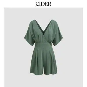 Cider [size 2-26] Linen-blend V-neck Solid Pocket Zipper Romper