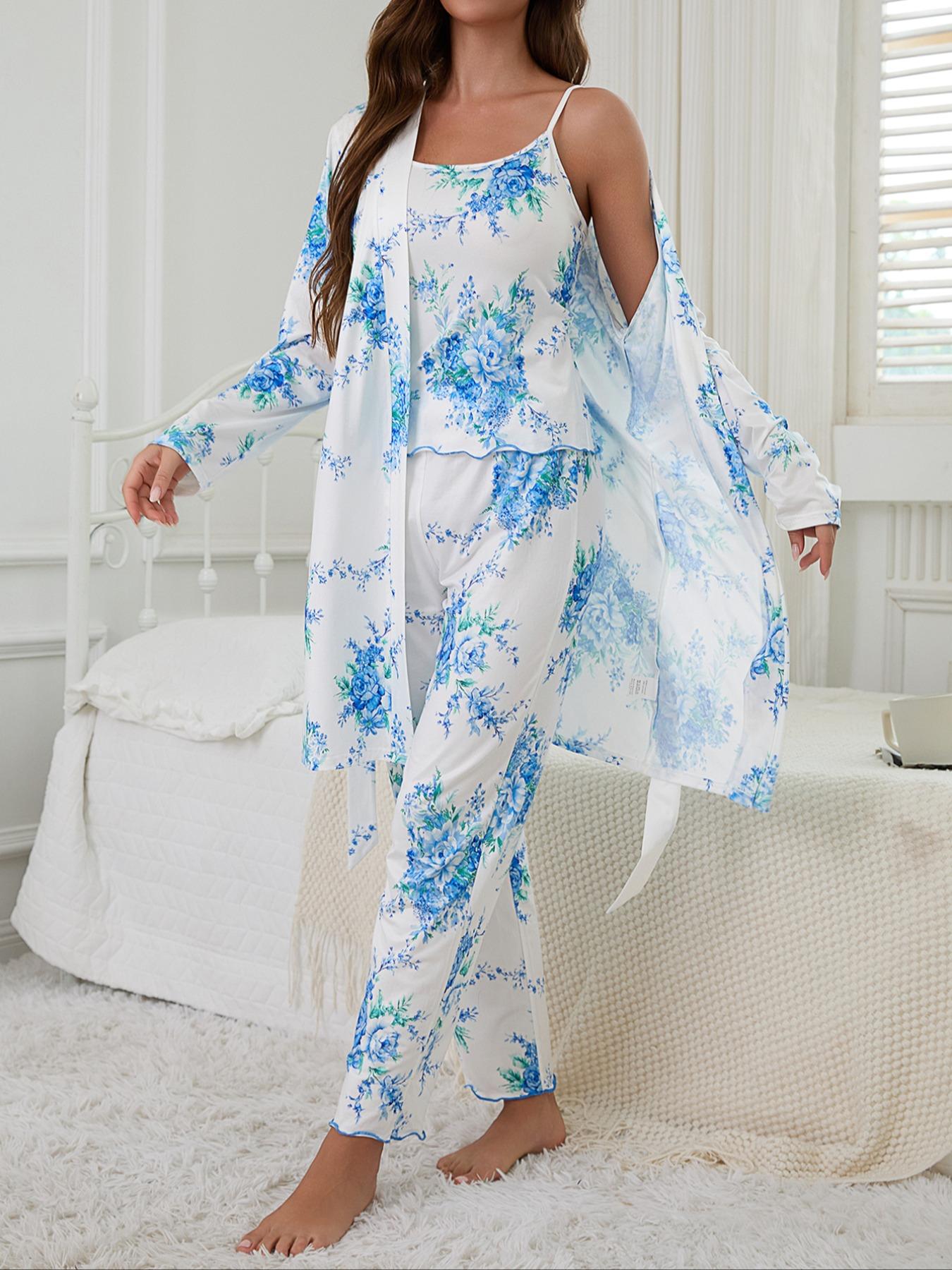 Floral Print Women's Robe Set + Strap Pants Three-Piece Comfortable Sleepwear Suit, Pajamas, Casual Home Wear for All Seasons