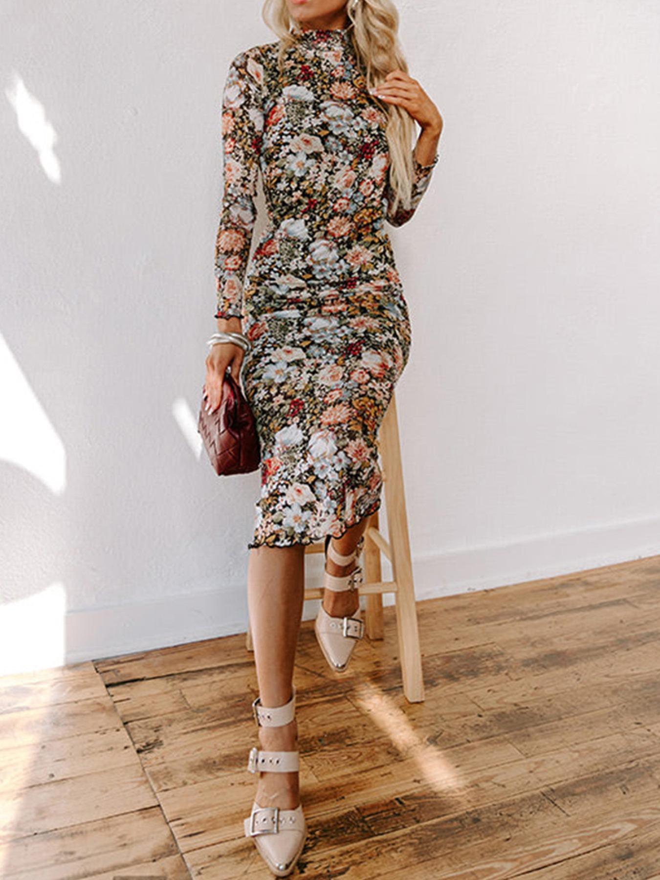 Women's Ditsy Floral Print Long Sleeve Bodycon Casual Chic Fitted Dress, Elegant Fashion Casual Dress for Daily Outdoor Wear, Women Dress for All Seasons