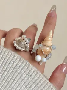 Natural Sea Blue Shell Seashell Crystal Stone Bead Ring for Women, Unique Design Stackable Ring, Trendy Jewelry Accessory