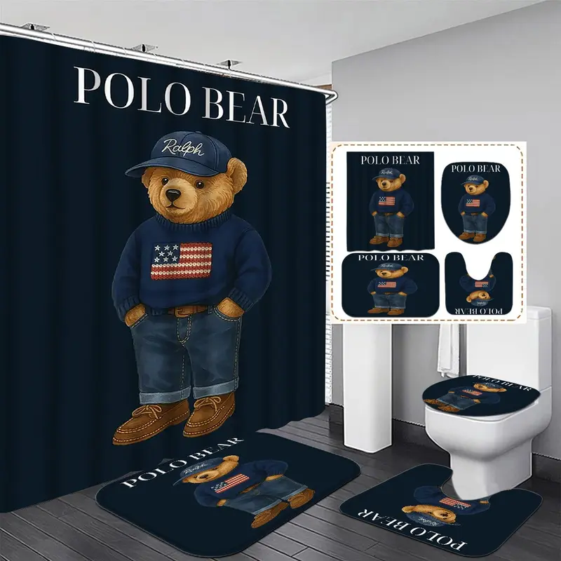 Polo Bear Bath Curtain Set, Shower Curtain Set, Vintage Patriotic Style, Includes Non-Slip Mat, Toilet Lid Cover, Bathroom Rug, 12 Hooks, Perfect Gift,shower curtains,shower curtain sets