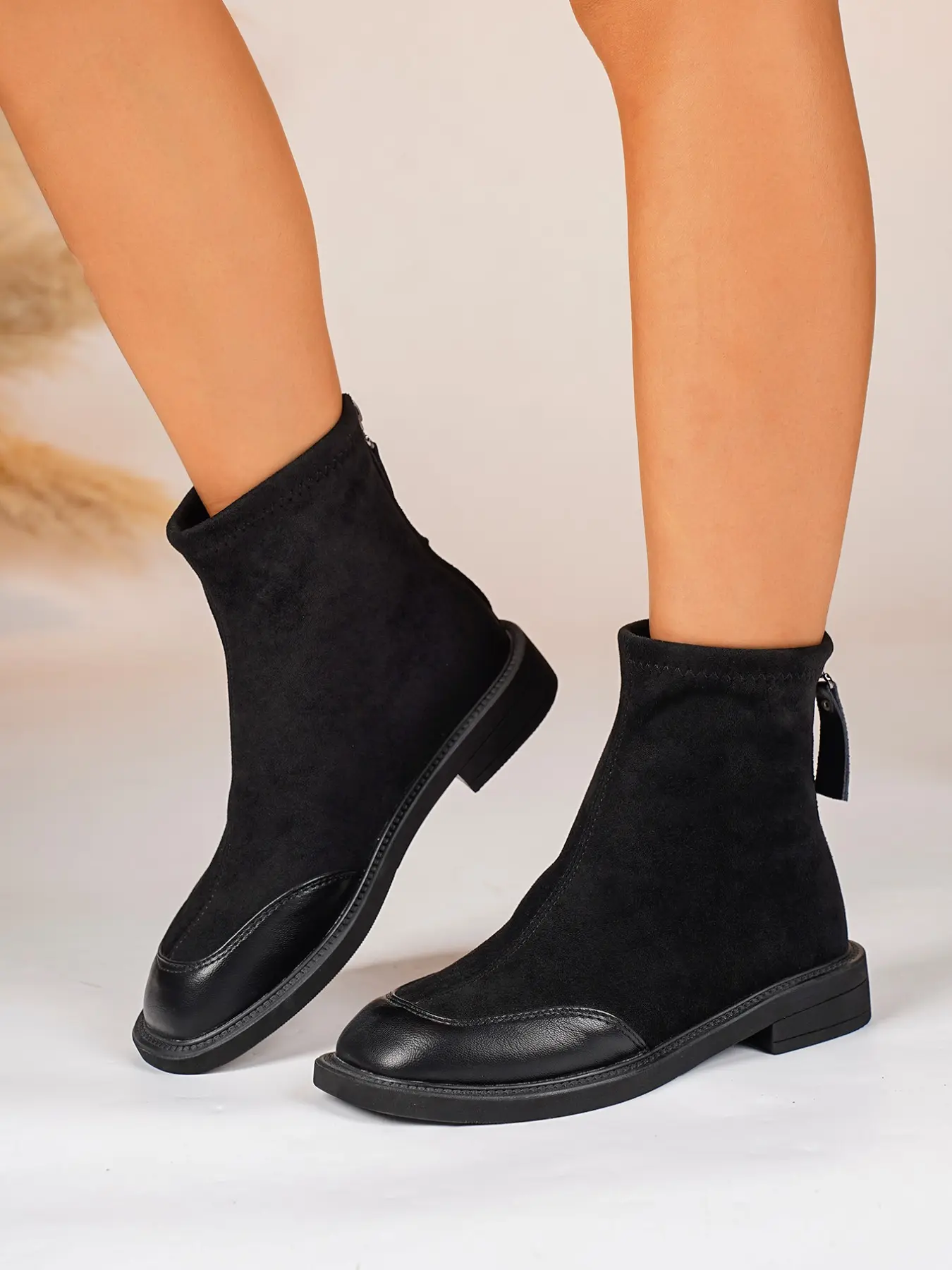 Elastic Slim Short Boots, Flat Sole Nude Boots, Back Zip Ankle Boots, Spring Fall Commute, Early Morning Lazy Wear, Straight Leg Jeans Pairing