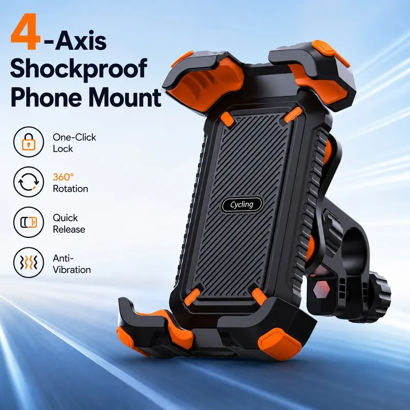 4-Axis Shockproof Motorcycle Phone Mount, 360 Rotating One-Touch Lock Bicycle Handlebar Phone Holder, Quick Release Anti-Vibration Stand for E-Bike and Scooter