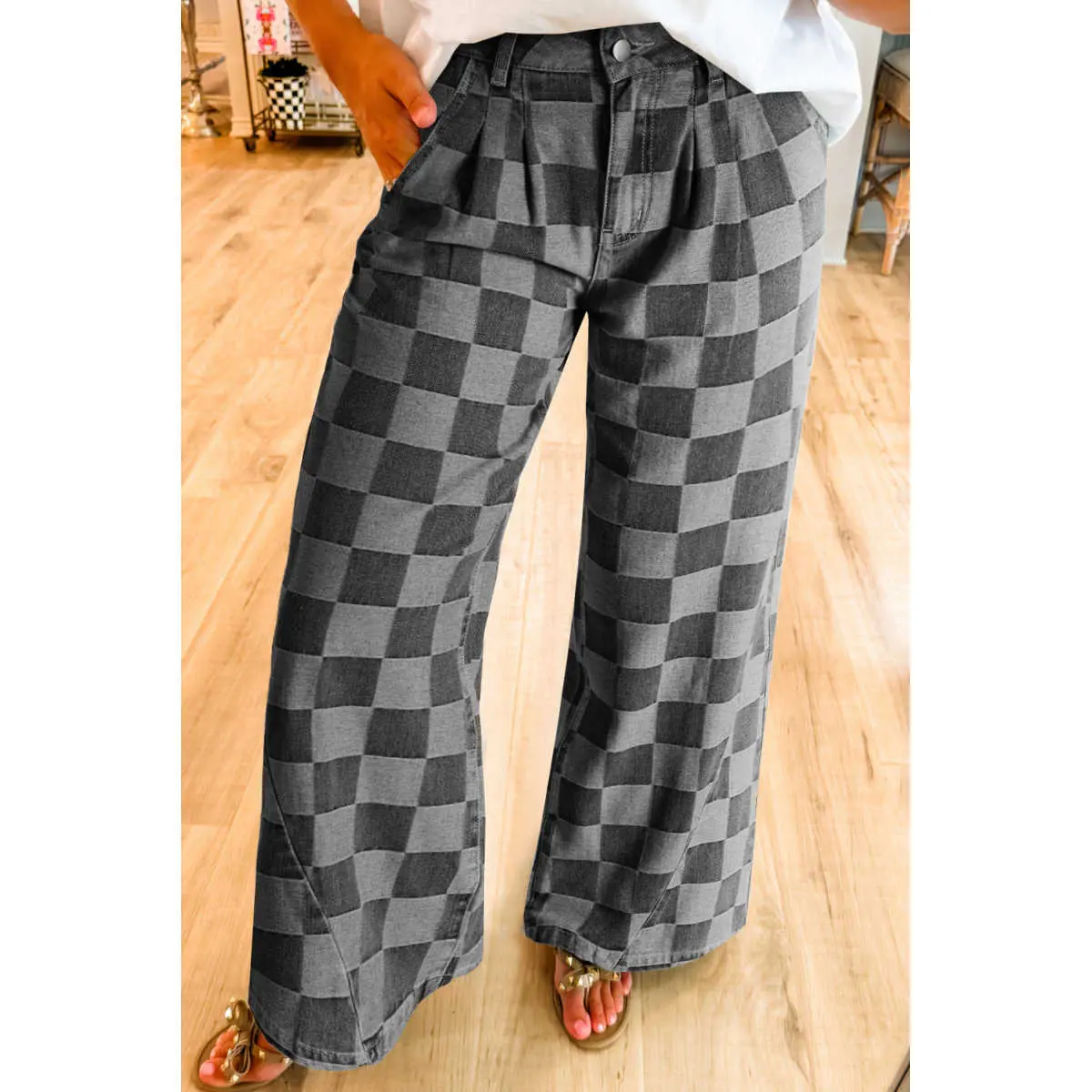 Women's Retro Checkered Jeans, High-Waist Loose Bottoms with Pleated Front & Wide Leg for Streetwear, Cotton, Checkered Plaid, Straight, Vintage Jeans Style, Casual, Polyester, Jean Pants