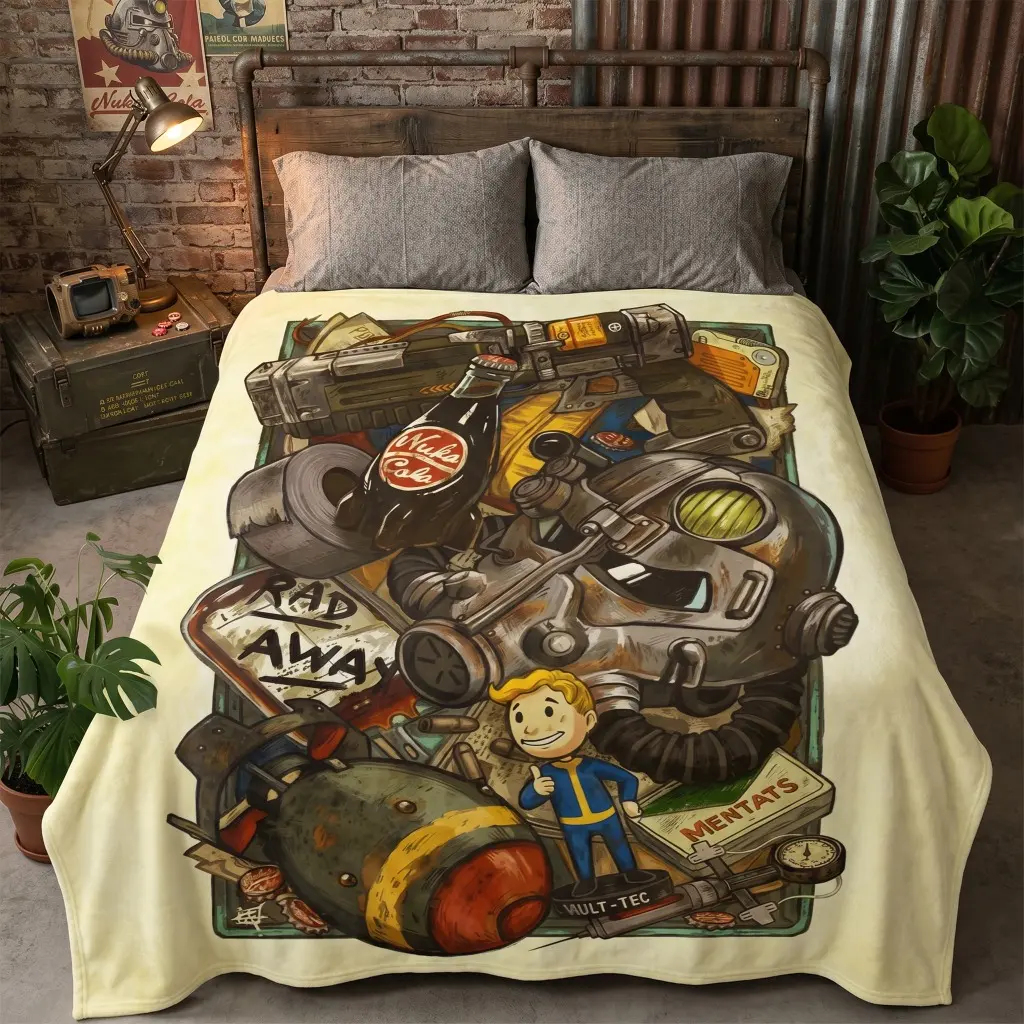 Fallout themed printed flannel blanket with retro game design, suitable for sofa, bed, office and outdoor use, lightweight and durable bedroom chair decor halloween decoration