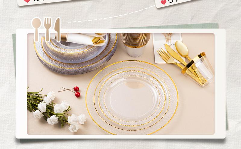 Clear Plastic Plates with Gold Trim 350PCS Disposable Dinnerware Set for 50 Guests Includes 100 Plates 50 Pre Rolled Napkins Gold Silverware & 50 Cups Perfect for Party Wedding