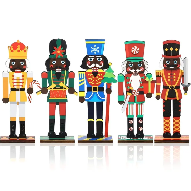 5-piece set of black wooden nutcracker desktop decorations, African American nutcracker figurine ornaments, Christmas tiered tray desktop decor, Christmas party table signage
