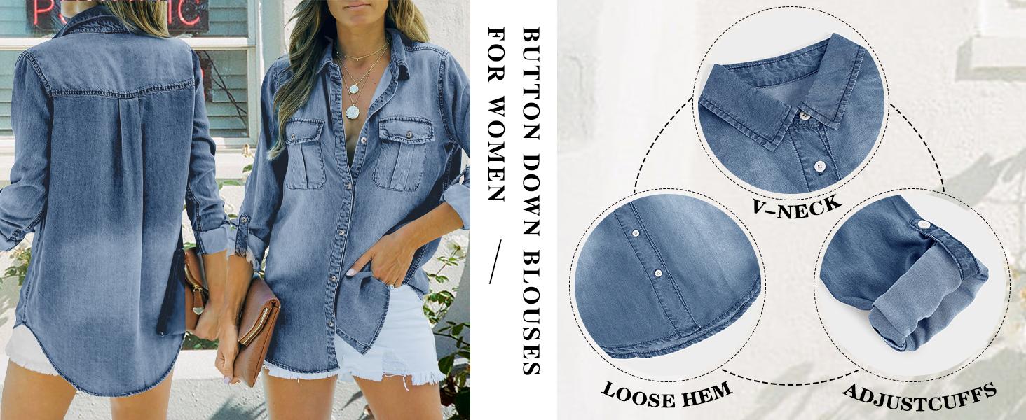 FMEYOA Womens Button Down Denim Shirt Long Sleeve Roll Up Casual Oversized Jean Shirt Jacket Distressed Tunic Tops