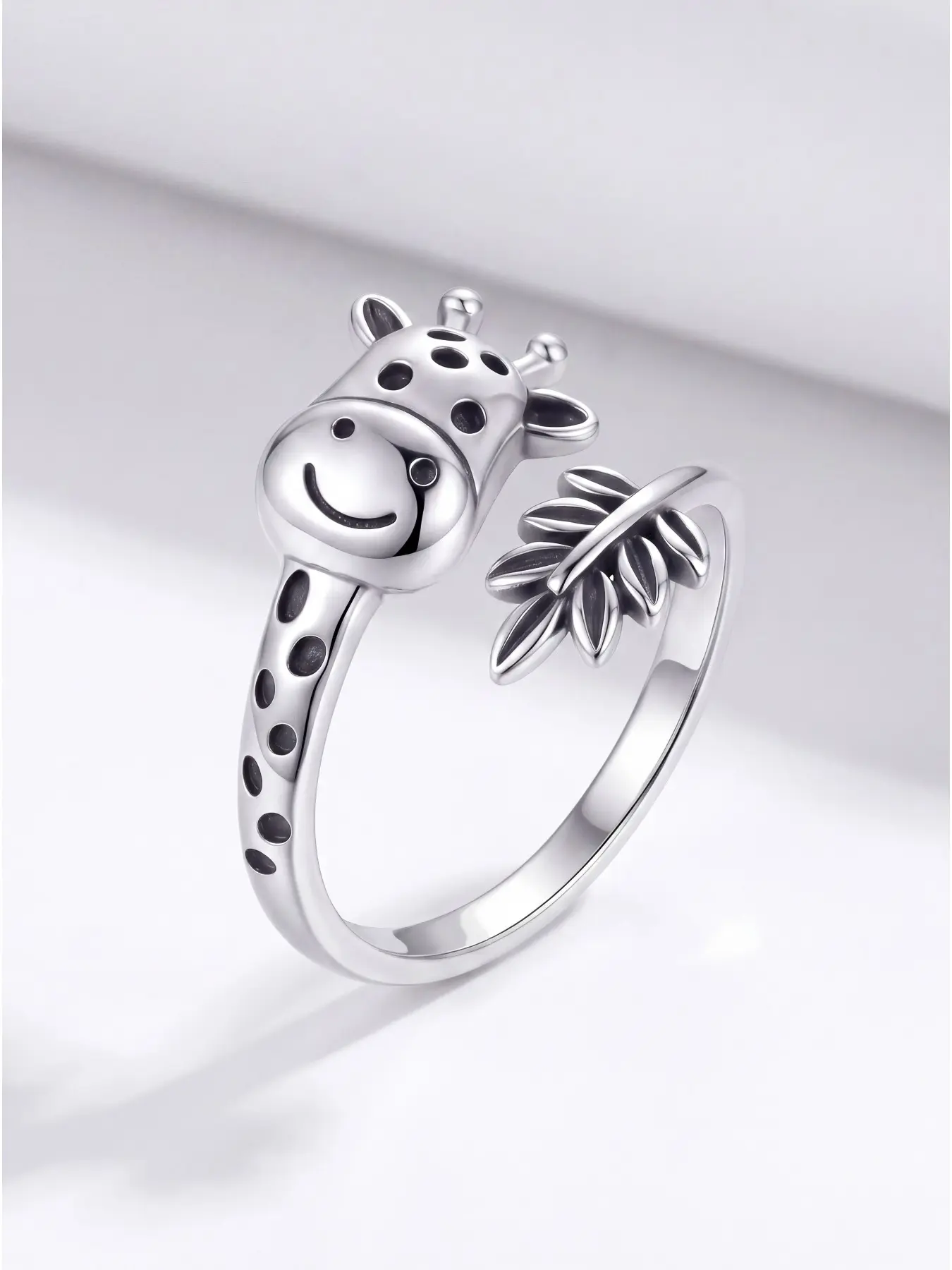 Giraffe Open Adjustable Ring for Her, Silver Plated, Whimsical Leaf Accent Design for Everyday Wear
