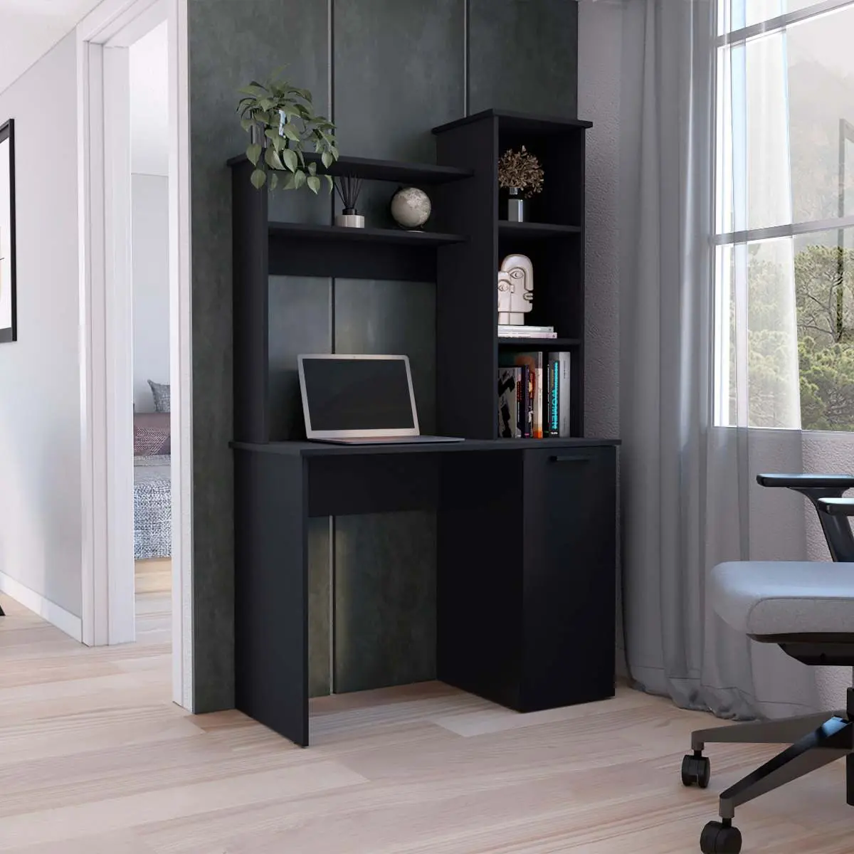 Muncy Rectangular Office Computer Desk - Modern Home Decor, Ample Work Surface, Ample Storage, Particle Board with Solid Finish, Hutch, Single-Door Cabinet with 3-Tier Shelves, White