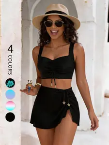 Curvy Women's 3 Piece Swimwear Set, Ruched Drawstring Top & Star Charm Skirted Bottom, Full Coverage Comfort Fit, Beach Holiday Trip