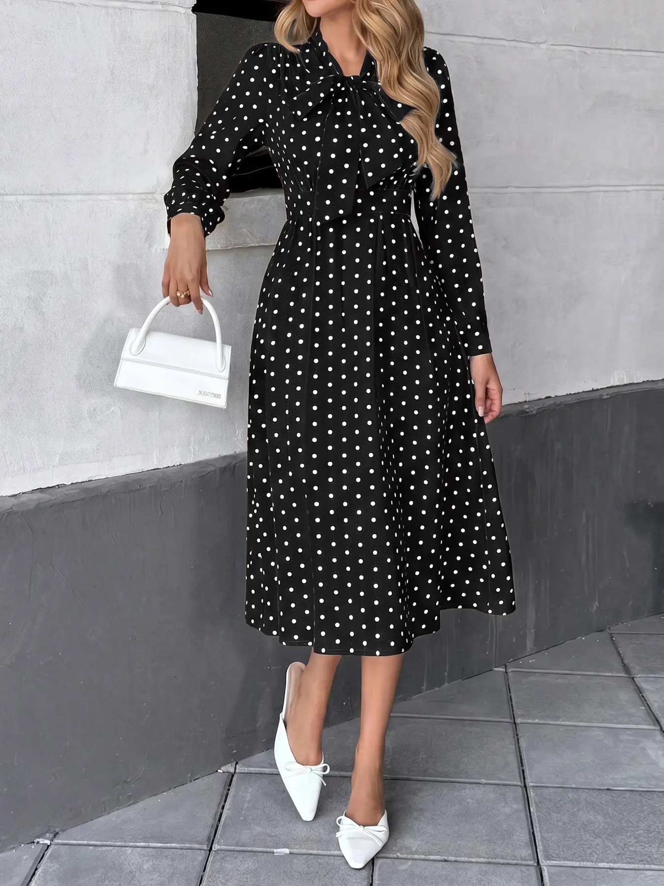 French Vintage Polka Dot Ribbon Bow Neck Dress, Waist Cinch Slimming Long Sleeve Midi A-Line Tea Dress, Spring Autumn Women's Fashion, Tummy Flattering Dresses