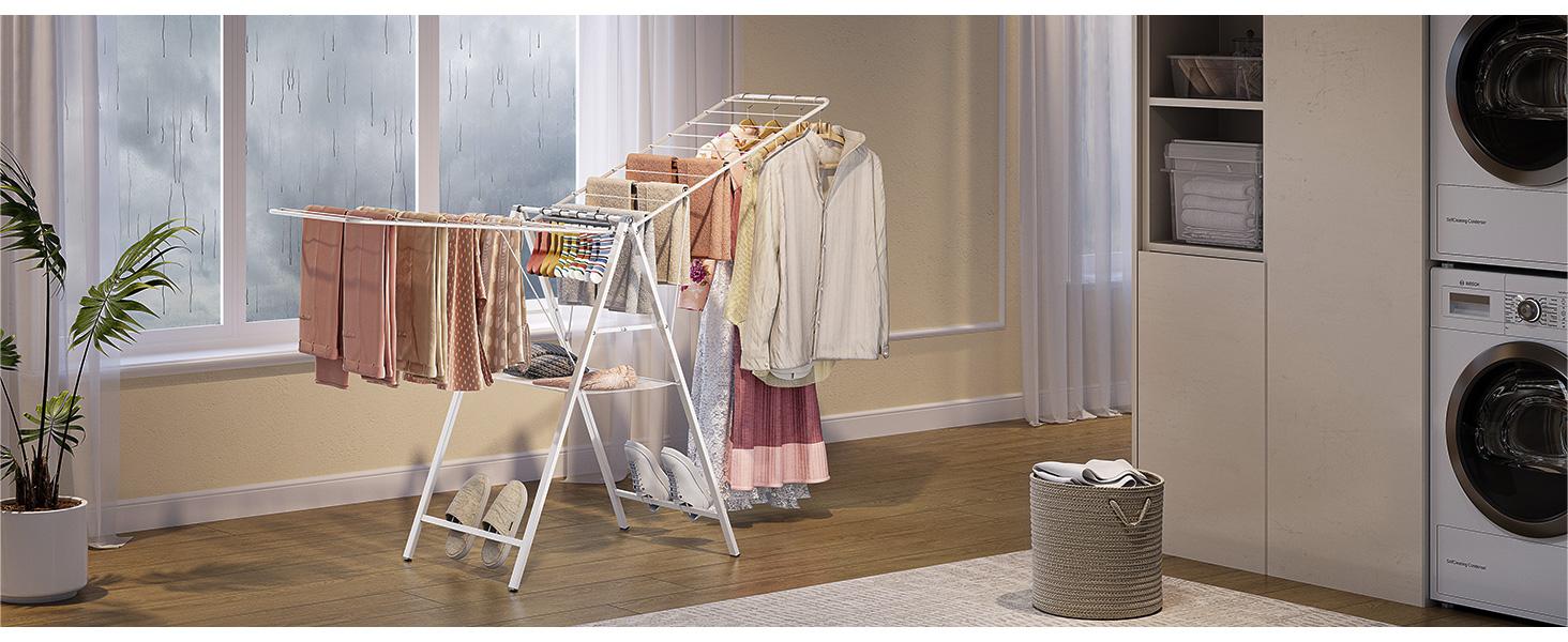 Drying Rack Clothing, Clothes Drying Rack Foldable, Laundry Drying Rack Collapsible for Sweater Indoor, Gullwing Clothes Rack Drying with Rails, White