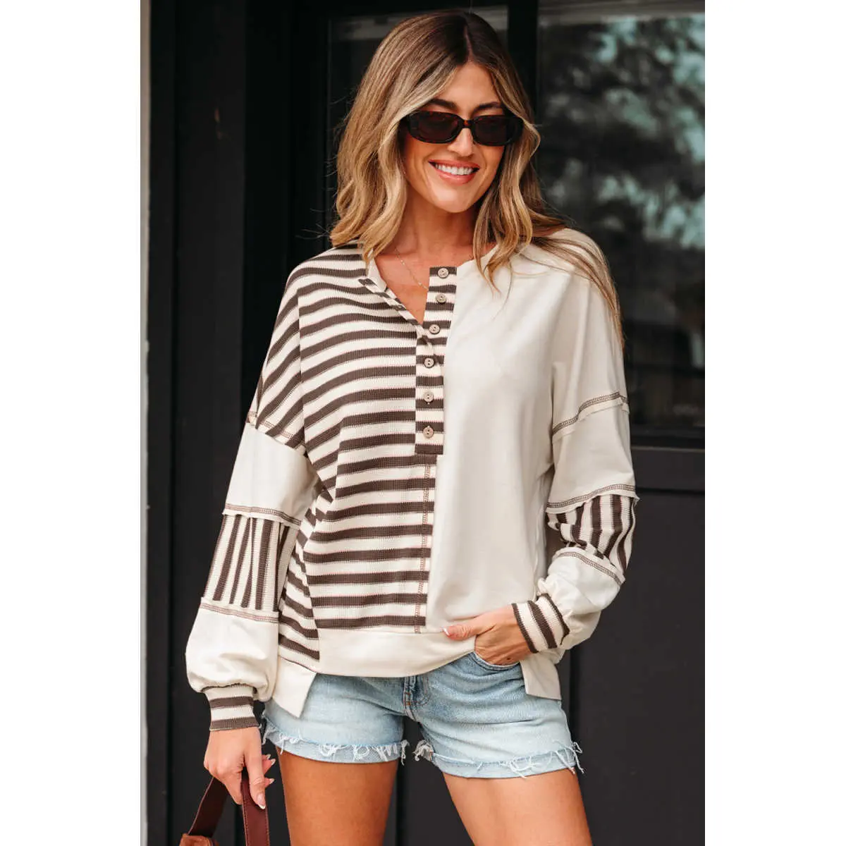 Khaki Stripe Stitched Detail Color Block Patchwork Oversized Pullover Top