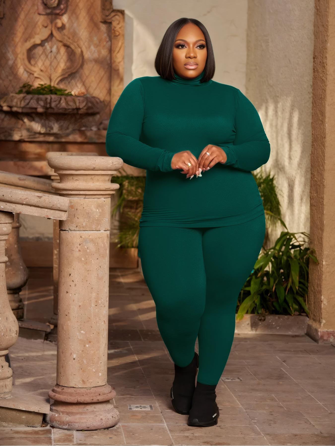 【Plus Size】 Two-Piece Set Solid Long Sleeve Tee & Skinny Pants, Casual Turtleneck Top & Trousers for Daily Outdoor Wear, Women's Two-piece Outfits for Fall & Winter