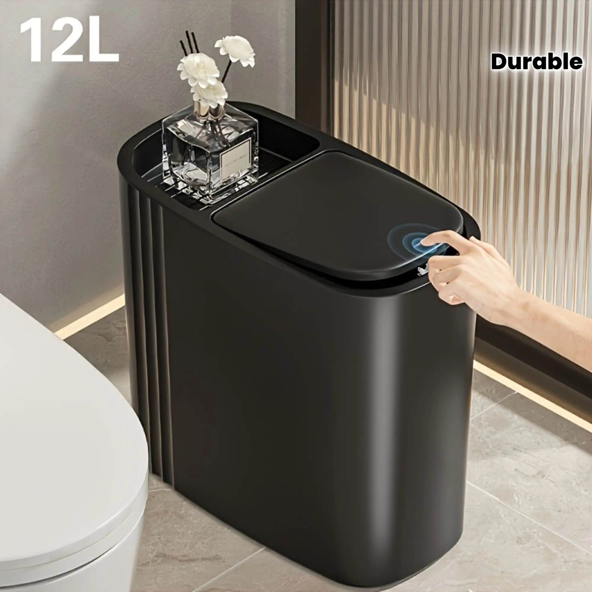 12L Black Oval Plastic Trash Can with One Touch Pop Up Lid, Odor Sealed Waste Bin, Stylish Durable Easy Clean Garbage Container for Bathroom Bedroom Home Kitchen Household Storage Supplies