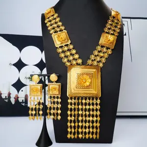 Luxury African Gold Jewelry Set, Square Floral Tassel Necklace & Drop Earrings, 24K Gold Plated Bridal Statement Jewelry For Wedding Party, Arabic Dubai Heavy Gold Accessory Gift