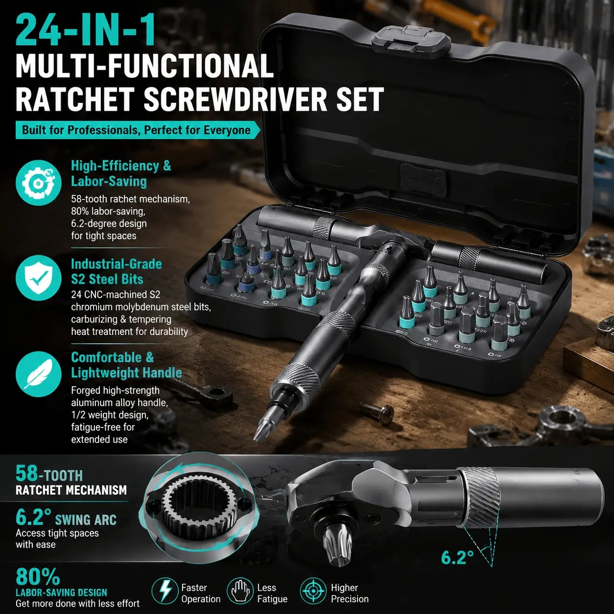 24-in-1 Professional Ratchet Screwdriver Set, Reversible Multi-function Cross Flat Head Precision Manual Tool with Anti-slip Ergonomic Handle, Alloy Steel Home Repair Electronics Disassembly DIY Kit