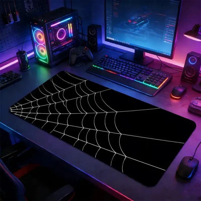 Black White Spider Web Large Gaming Mouse Pad, Non Slip Mousepad, Non-Slip Rubber Base Stitched Lock Edge Gothic Design Desk Mat, Durable Computer Accessory for Home Office & Gaming Setup, Ideal Gift for Gamers & Gothic Fans, Computer Desk Accessories